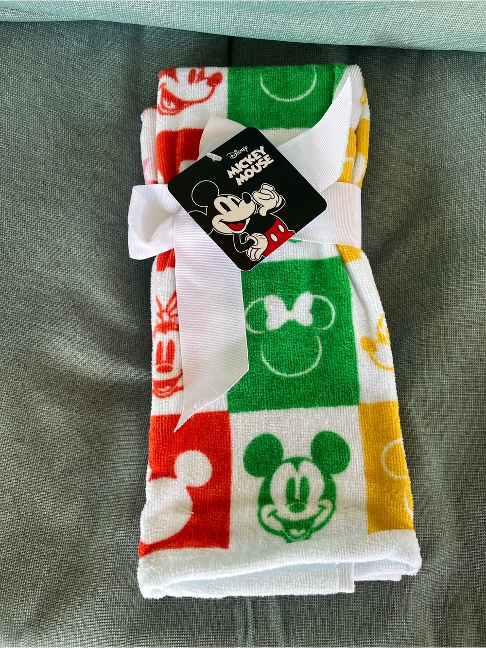 2 Micky Mouse Dish Towels- Green/Red/Yellow